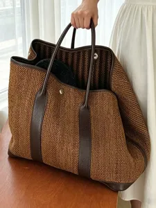 Women Large Capacity Tote Bag Woolen Fabric And PU Leather Splicing Casual Retro Handbag Fashion Shoulder Bag