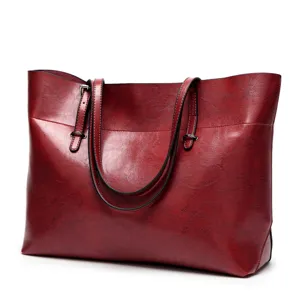 Chic red leather tote bag for women, large capacity shoulder handbag for daily fashion style.