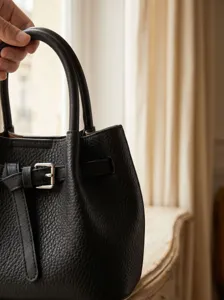 Black leather bucket bag detail showing pebbled texture and metal buckle handle close up.