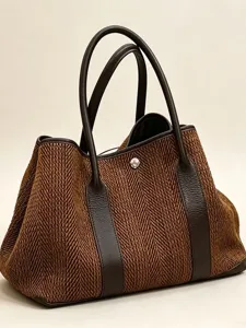 Stylish autumn winter tweed leather tote bag with elegant brown design for women daily use