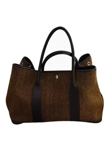 Classic tweed tote bag with leather handles, stylish large shoulder bag for women.