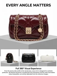 Sac bandoulière matelassé en cuir ciré brillant style français avec chaîne et serrure.