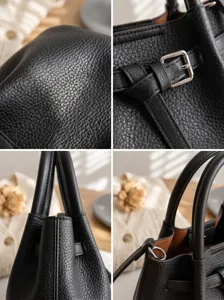 Black leather tote bag detail view, premium pebbled texture with metal buckle, stylish design.
