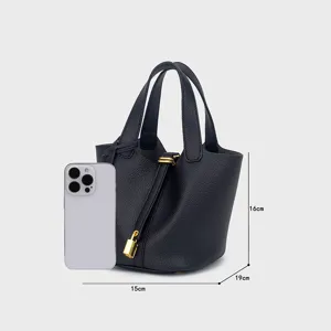 Black PU leather bucket handbag minimalist top handle tote bag with gold padlock for women