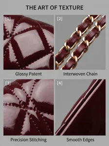 Gros plan sur les détails en cuir matelassé brillant, coutures précises et chaîne.