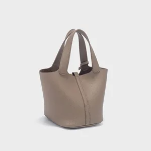 Classic taupe PU leather bucket handbag minimalist top handle casual tote bag for women daily use