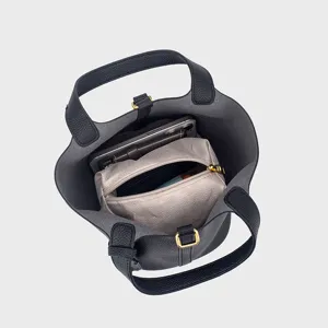 Black PU leather bucket handbag minimalist tote bag with inner pouch for women.