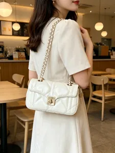 Sac Bandoulière en Cuir PU Ciré Français pour Femmes Sac à Épaule Matelassé à Chaîne Élégant Sac de Commute Mode