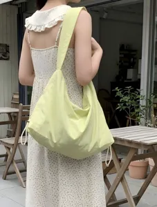 Light yellow nylon slouchy shoulder bag large capacity hobo tote casual daily commute
