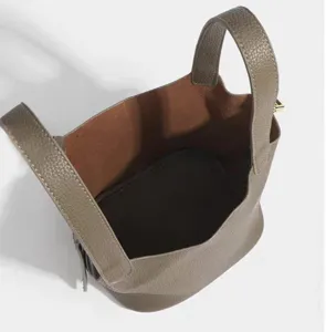 Stylish taupe PU leather bucket bag with dual handles minimalist daily handbag for women