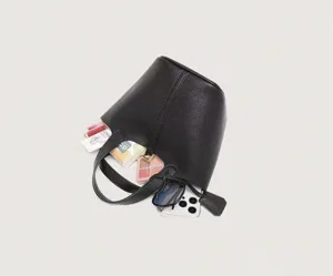 Stylish black PU leather bucket bag, minimalist women's handbag with large capacity.