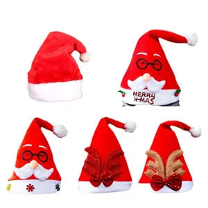 Plush Christmas Santa hats collection, festive holiday party costume caps with reindeer decor.