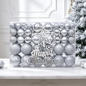 Silberne Christbaumkugeln Set 100 Stk mit Baumspitze Stern und Frohe Weihnachten Schild