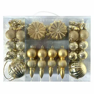 Detailansicht von 52 Stueck goldenen Christbaumkugeln Set, galvanisierter Kunststoffschmuck.
