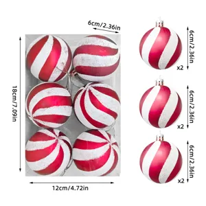 6er Set rot-weiß gestreifte Christbaumkugeln mit 6cm Durchmesser für weihnachtliche Deko.
