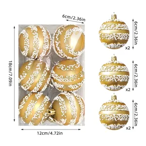 6er Set goldene Christbaumkugeln mit weißen Perlenstreifen, 6 cm Durchmesser Weihnachtsbaumschmuck.