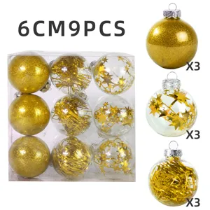 Transparente Kunststoff Christbaumkugeln Detailansicht, 6cm 9 Stk Set mit Glitzer Sternen.