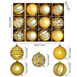 8cm 12 Stk goldene Kunststoff Weihnachtskugeln Set für Tannenbaum Dekoration und Party.