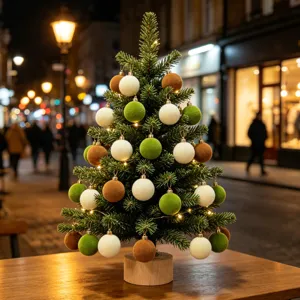 Detailansicht des Desktop-Weihnachtsbaumes mit beflockten Samtkugeln für festliche Dekoration.
