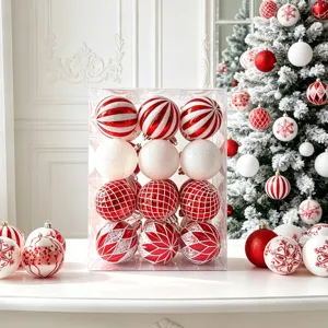 6cm 24 Stk Christbaumkugeln Set in transparenter Box, rot-weiße lackierte Plastikkugeln Deko.