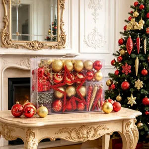 Weihnachtsbaum-Dekorationsset mit 102 roten und goldenen Kugeln, Sternen und Eiszapfen.