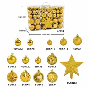 Detailansicht des goldenen Christbaumkugel-Sets mit verschiedenen Größen und Baumspitze.