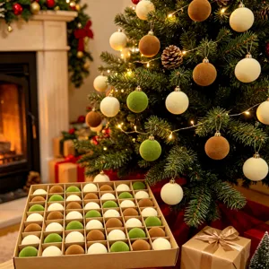 Nahaufnahme von beflockten Weihnachtskugeln in Schachtel und festlicher Baumdeko.