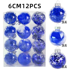 Weihnachten dekorative transparente Plastikkugeln Set 6cm 12Stk blaue Feder Glitzer.