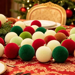 Beflockte Weihnachtsbaumkugeln Set für Tischdekoration, weiche Samt Textur hängende Ornamente.