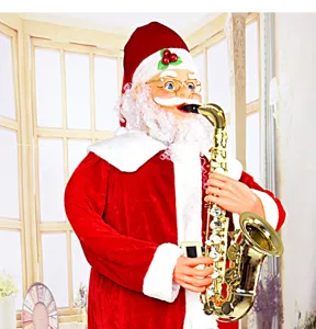 Vista detallada de la decoración del Papá Noel eléctrico tocando el saxofón para fiestas.