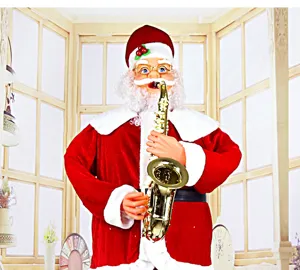 Gran Papá Noel eléctrico de 1,8m que toca el saxofón con música para decoración navideña.