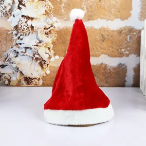 Plush velvet Christmas hat for adults, soft red and white festive holiday party cap decor.