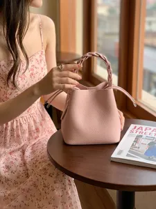 Mini Borsa Secchiello da Donna Casual Design di Nicchia Borsa in Pelle in Microfibra Manico Intrecciato Coulisse Tracolla