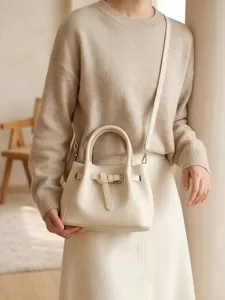 Chic minimalist women handbag beige bucket bag casual niche design stylish leather crossbody bag