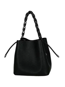 Borsa a secchiello in pelle nera con manico intrecciato elegante mini borsa casual da giorno.