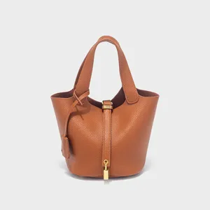 Classic brown pu leather bucket handbag with gold padlock detail, stylish casual tote bag for women.