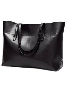 Classic black leather tote bag for women, large capacity shoulder handbag for daily use.