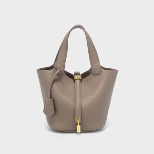 Grey PU leather bucket bag minimalist women handbag daily casual stylish tote shoulder bag