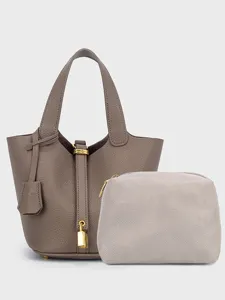 Women's Minimalist PU Leather Bucket Bag Fashion Tote Handbag With Metal Lock Charm Casual Daily Top Handle Shoulder Bag Purse