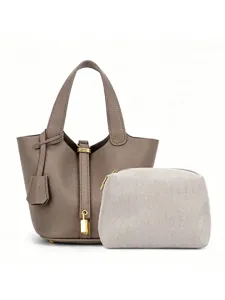 Minimalist PU leather bucket bag with matching pouch, stylish top handle handbag set for women