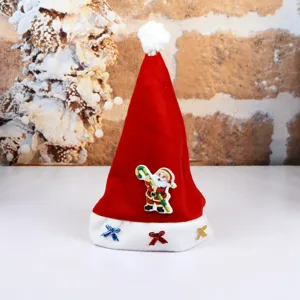 Kids plush Santa hat with cute Santa Claus decor and colorful bows for Christmas holiday parties.