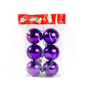 6er Set lila glänzende Kunststoff Weihnachtskugeln für Baumschmuck und festliche Dekoration.