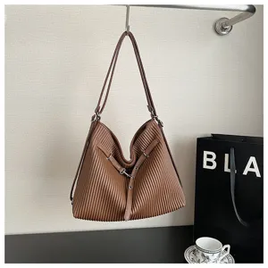 Brown pleated leather shoulder bag, minimalist large capacity tote for women commuting daily style