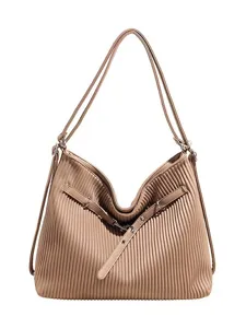 Stylish pleated leather shoulder bag for women, large capacity commuter tote handbag chic.