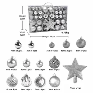 Silbernes Christbaumkugeln Set mit Baumspitze, sortierte Größen im praktischen Geschenkkarton.