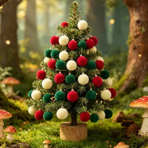 Mini Weihnachtsbaum Detail mit roten, weißen, grünen Samtkugeln auf Moos im zauberhaften Wald.