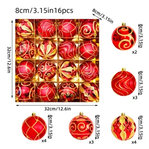 Weihnachtskugeln 8 cm 16 Stk Set rote galvanisierte Kunststoffkugeln mit goldenen Mustern für Baum