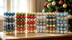 Detailansicht von Plastik Christbaumkugeln Sets in transparenten Boxen für Weihnachtsbaum.
