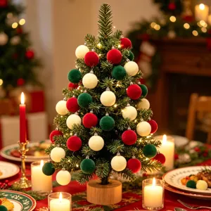Mini Weihnachtsbaum dekoriert mit roten, weissen und gruenen Samtkugeln fuer den Tisch.