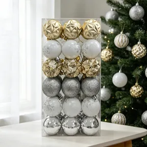 36-Stück Weihnachtsbaumkugeln Set in transparenter Box für festliche Weihnachtsdekoration.